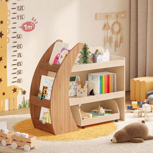 Porueti Kids Bookshelf with Toy Storage and Movable Drawer, Wooden Montessori Bookcase Organizer for Toddlers and Children