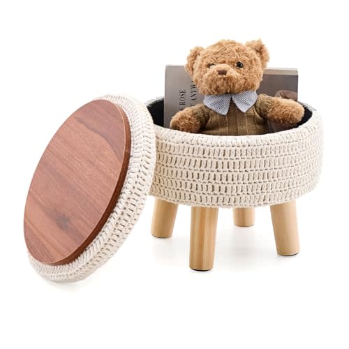 Wimarsbon Pouf Ottoman, 100% Cotton Knitted Boho Footstool, Round Footrest with Non-Skid Wood Legs, Home Décor Handmade Pouffe, Leisure Floor Step Stool for Living Room (Storage Beige)