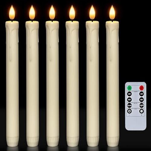 Homemory 6 Pcs Flameless Taper Candles with Remote, Timer, Dimmer, Ivory Battery Operated CandleSticks with Flickering Light, Plastic Led Window Candles, 9.6 Inches for Halloween Christmas Decoration