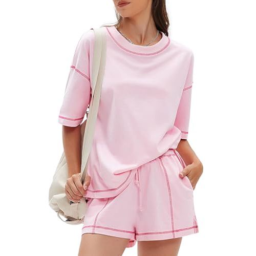 EXLURA Women's Casual Summer 2 Piece Sets 100% Cotton Short Sleeve Tshirt and Shorts Matching Sweatsuits Lounge Set 2026