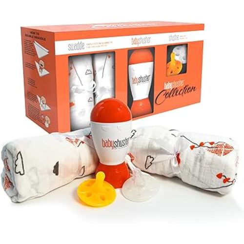 Baby Shusher Gift Set - Includes Portable White Noise Sound Machine, 2 Shushie Pacifiers, and 2 Cotton Swaddles, Travel Friendly Baby Soother for Developing Sleep Routines