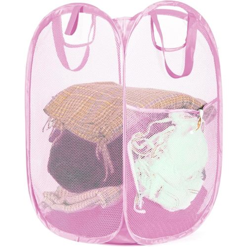 Strong Mesh Pop-up Laundry Hamper, Quality Pop Up Hampers for Laundry with Durable Handles Solid Bottom High Carbon Steel Frame, Easy to Open and Fold Flat for Storage(Light Pink)