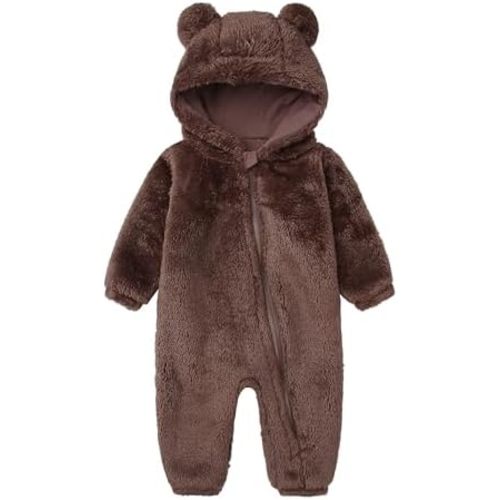 Baby Furry Jumpsuit Infant Bear Onesie Zipper Long Sleeve One-Piece Romper Hoodie Baby Outwear Snowsuit