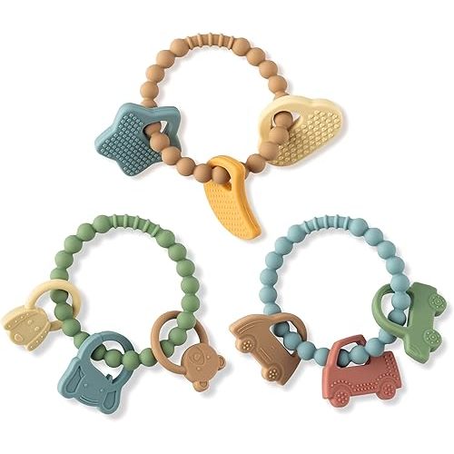 Silicone Babies Teether Toys - 3Pcs Teething Ring with Rattles - Teething Relief