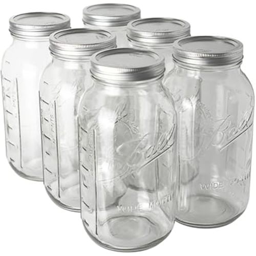 Ball - 64oz Wide Mouth Mason Jars with Lids & Bands 6-Pack Half Gallon Mason Jars Clear Glass for Kitchen Storage & Canning for Herbs, Jelly, Jams, and Spices