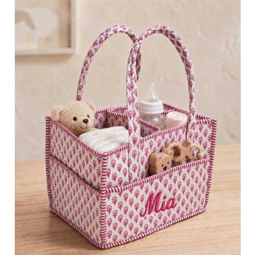 Handmade Quilted Cotton Nappy Caddy | Pink Floral Baby Diaper Organizer Basket