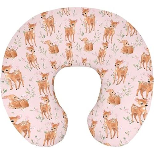 Cute Deer Wildflowers Pink Nursing Pillow Cover Stretchy Soft for Baby Girls Boys Fawns Floral Leaves Breastfeeding Pillow Slipcovers for Wild Animals Standard Nursing Pillows for Newborn