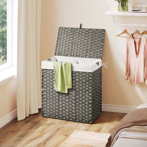Rolanstar 110L Laundry Hamper Wicker Laundry Basket with Lid, Handles Clothes Hamper Foldable with 2 Removable Liner Bags, Gray