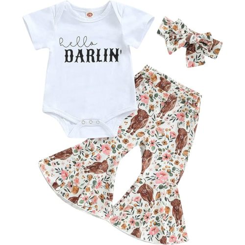 Lamuusaa Western Baby Girl Clothes Short Sleeve Romper Cow Print Flared Pants Bell Bottoms Headband 3Pcs Summer Outfit