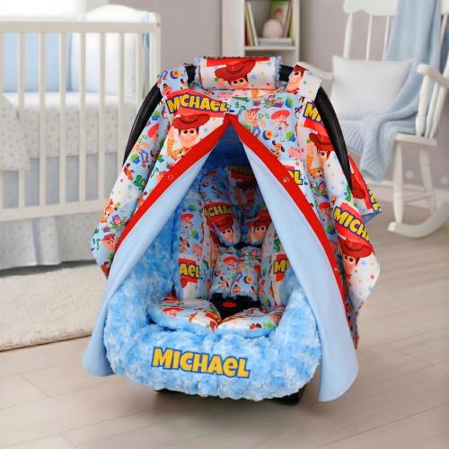 Personalized Toy Story Baby Car Seat 5pc Set - Embroidered Minky Liner - Baby Boy Car Seat Accessories - Head & Body Support Insert