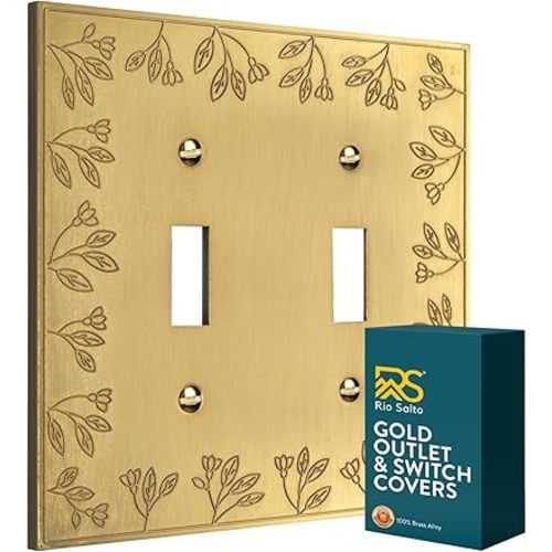 Rio Salto Metal Floral Decorative Wall Plate Double Toggle Light Switch Cover Plate Flower Covers Flip Switch Wall Plates Two Toggles Vintage Brushed Brass Gold 2-Gang Toggle (1-Pack)