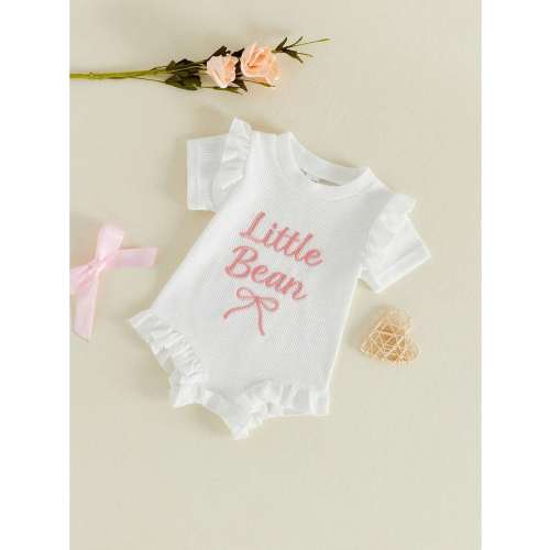 Little Bean Newborn Baby Girl Outfit Waffle Knit Ruffle Bow Short Sleeve Romper Bodysuit Shirt Summer Clothes