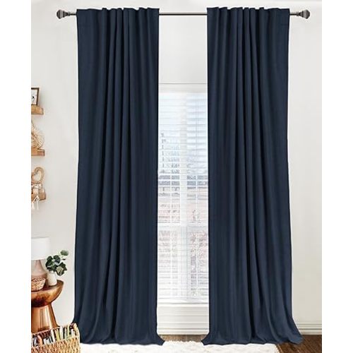100% Blackout Shield Linen Blackout Curtains for Bedroom 84 Inches Long, Back Tab/Rod Pocket Living Room Drapes, Thermal Insulated Blackout Curtains 2 Panels Set, 50" W x 84" L, Navy