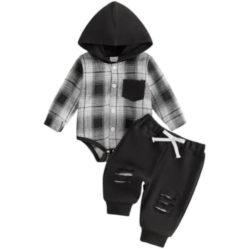 Douhoow Infant Baby Fall Clothes Boy Girl Plaid Hoodie Sweatshirt Romper Flannel Tops+ Sweatpants Festival Outfits