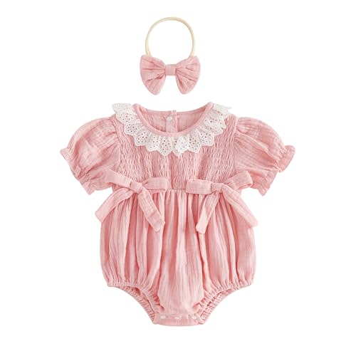 Twopumpkin Baby Girl Summer Clothes Muslin Bubble Romper Short Sleeve Ruffle Smocked Outfit 0 3 6 9 12 18 Month Cute