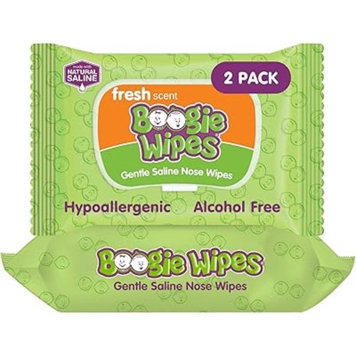 Boogie Wipes Gentle Saline Nose Wipes - 90 Count - Fresh Scent, Hypoallergenic & Alcohol-Free - Allergy Relief - Made with Natural Saline, Aloe, Chamomile & Vitamin E - Diaper Bag Essential