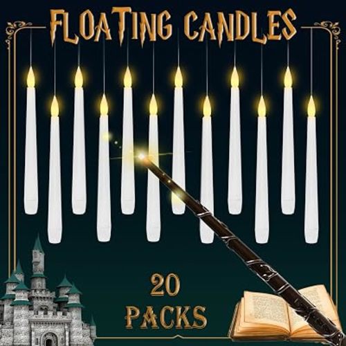 Lezonic Floating Candles with Magic Wand Remote, 20 Pack Hanging LED Candles, Flameless Flickering Taper Candles with 6H Timer, Battery Operated Candles for Halloween Christmas Party Home Decor