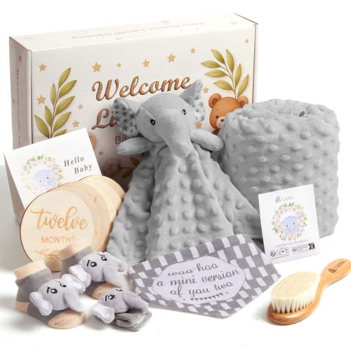 Lictin Baby Gift Set, 14PCS Neutral Newborn Gift Basket, Blanket, Milestone Cards, Plush, Rattle Socks