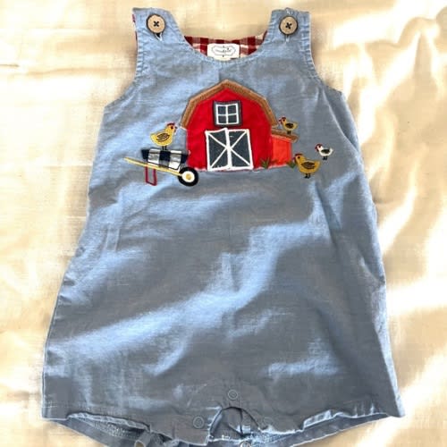 Mud Pie Blue Romper with Red Barn Design