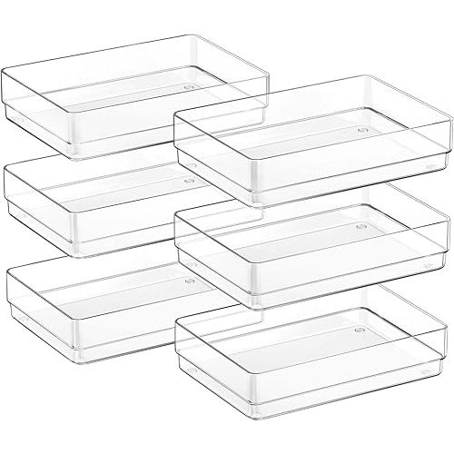 SMARTAKE 6 PCS Clear Plastic Drawer Organizers Set, Large Size Non-Slip Desk Drawer Organizer, Versatile Bathroom and Vanity Drawer Organizer Trays for Makeup, Bedroom, Office, Kitchen Utensils
