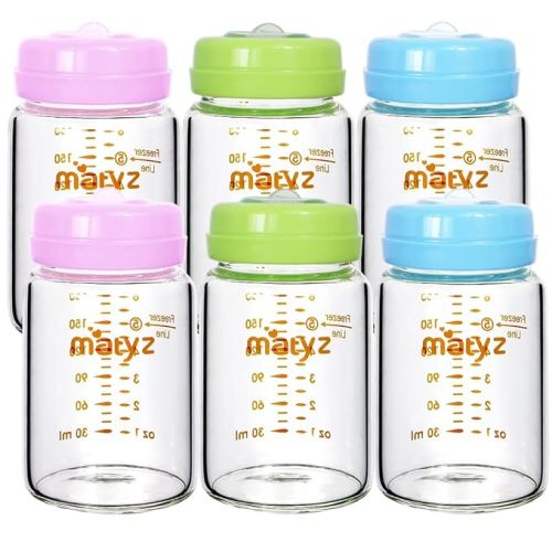 Matyz 6-Pack Borosilicate Glass Breast Milk Bottles (6 oz, 3 Colors) - Wide Neck Breastmilk Collection and Storage Bottle - Formula Storage Bottles Compatible with Medela Avent Spectra Pumps
