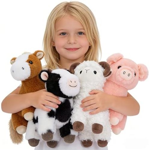 MaoGoLan 4 Pack Easter Stuffies Farm Animals Bulk Party Favors for Kids Plush Cow & Sheep & Pig & Horse Toy Gifts Basket Stuffers for Girls