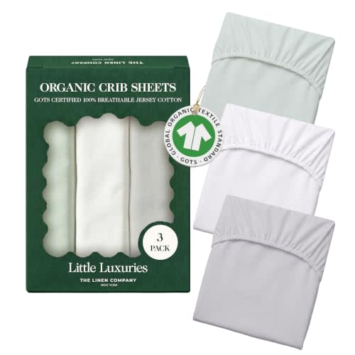 100% Organic Jersey Cotton Crib Sheets (3-Pack) 28" x 52" Standard Size | GOTS Certified Soft & Breathable Crib Sheets for Boys and Girls, 9" Deep Pocket & Full Elastic Snug Fit