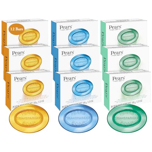 Pears Glycerin Soap Variety 12-Pack – Transparent Amber, Blue & Green Bars for Soft, Glowing Skin, 3.53 Oz Ea