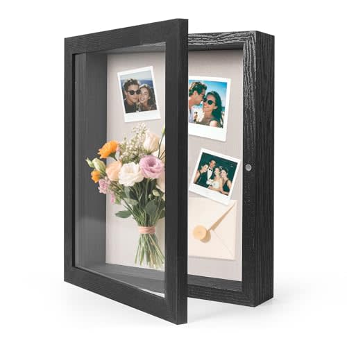 HOUSE DAY 11x14 Shadow Box Frame, Front Open Magnetic Shadow Boxes Display Cases with Linen Back, Pins, for Photos or 3D Itmes Under 9x12, Tabletop or Wall Mount Display Case for Memorabilia, Black