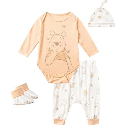 Disney Winnie the Pooh Baby Boys 4 Pack Bamboo Viscose Long Sleeve Bodysuit with Booties, Hat, and Pants Set for Infant