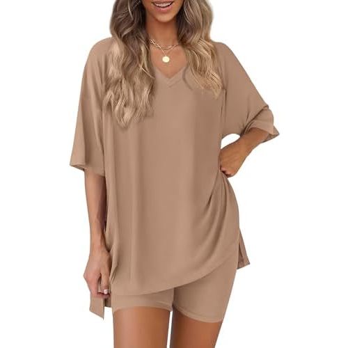 PRETTYGARDEN 2 Piece Sets for Women Summer 2026 Lounge Short Set Spring Matching Biker Shorts V Neck Oversized Shirt Clothing