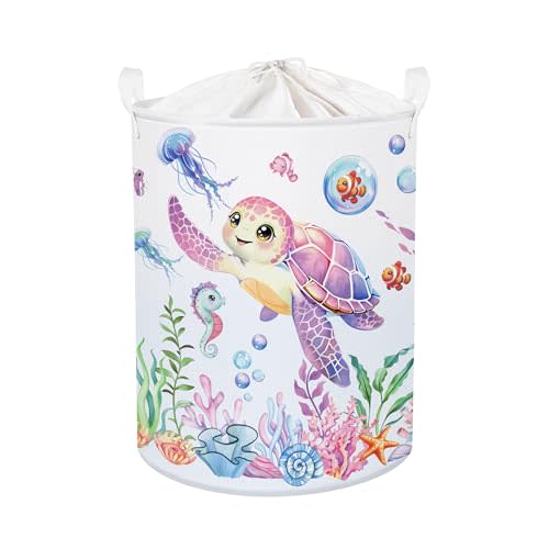 Ocean Animals Baby Laundry Hamper Collapsible Clothes Kids Storage Basket Large Boys Girls Gift Toy Box Bin for Nursery Room, Sea Turtle, 63L
