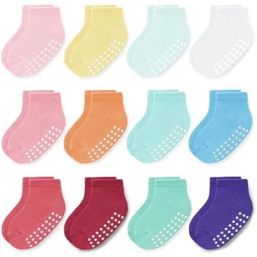 JAKIDAR 12 Pair Baby Toddler Socks Non-Slip Grip Cotton Ankle Socks for Boys Girls Non Skid Soles for Infants Kids