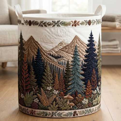 Forest Charm Quilted Laundry Basket: Mountain Tree Storage Bin, Woodland Fabric Hamper