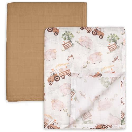 GLLQUEN BABY Muslin Swaddle Blankets Breathable Receiving Blankets (35" x 40") 2-Pack Soft Baby Blankets for Girls and Boys Newborn Essentials Muslin Burp Cloths Swaddle Wrap Baby Gift(Barn Prelude)