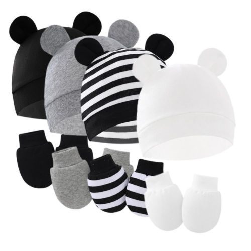 4Pack Newborn Baby Boy Girl Bear Ear Hat and Mitten Sets Infant Cotton Beanie Gloves Newborn Hospital Hat No Scratch 0-6M