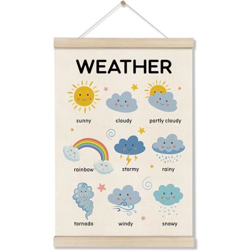 DOI-LANEE Weather Educational Poster Hanger Frame, Cute Classroom Decor, Nursery Wall Art, Weather Learning Canvas Wall Art Room Playroom Classroom, Homeschool Decoration 16x12 Inch