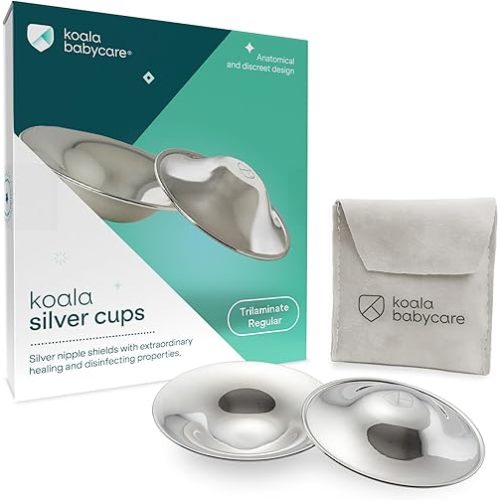 Koala Babycare The Original Silver Nursing Cups - Nipple Shields for Nursing Newborn -Breastfeeding Essentials - Protect and Soothe - Tri-Laminate Silver - Standard Size