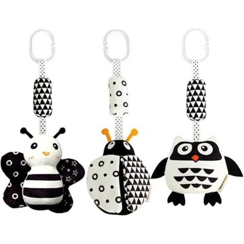 KAKIBLIN 3 Pack Hanging Rattle Toys, High Contrast Baby Hanging Toys and Plush Stroller Toys for Babies 0-18 Months, Newborn Black White Car Seat Toys (21CM, Ladybug,Bee & Owl)