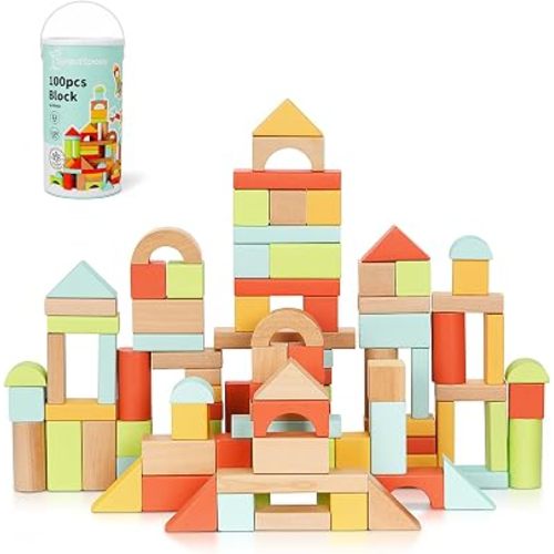 100pcs Wooden Blocks for Toddlers 1-3, with Storage Bucket