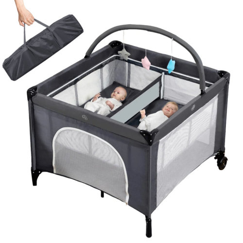 Isabelle & Max™ Twin Bassinet - Foldable Double Bassinet For Twins With Hanging Toys & Storage Basket, Portable Bedside Sleeper Pack And Play With Carry Bag Grey | Wayfair