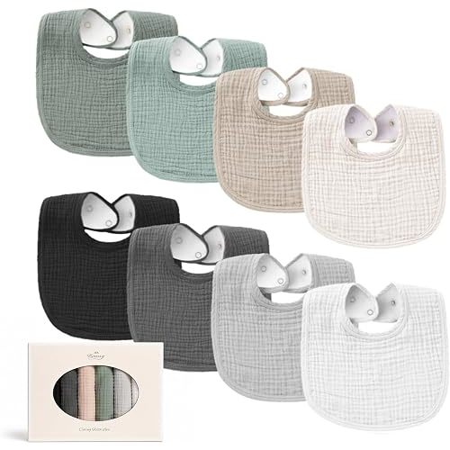 Konssy 8-Pack Muslin Baby Bibs, Adjustable Fit for Drooling and Teething