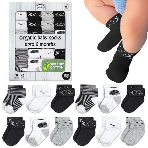 Mother's Choice Organic Cotton Baby Socks 0-6 Months - 12 pairs Soft, Cozy, and Gentle Newborn Socks for Girls & Boys, Perfect for Baby Registry, Everyday Wear, and Infant Comfort