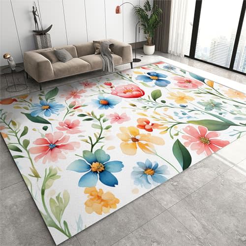 Beautiful Red Yellow Blue and Small Flowers Green Leaves Carpets, Fashion Girls Room Area Rugs, Non Slip Foldable Low Pile Hardwearing Mat for Living Room Bedroom Entryway Hallway Farmhouse 2x3ft