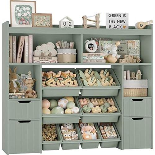 HORSTORS 55" W Toy Storage Organizer with Drawers, Large Kids Toy Storage Box with Removable Bins, Tall Kids Bookshelf and Bookcase for Boys and Girls, Modern Toy Chest for Playroom, Classroom, Green
