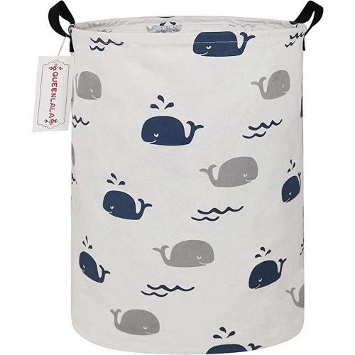 QUEENLALA Large Storage Basket,Laundry Hamper/Bathroom/Home Decor/Collapsible Round Storage Bin,Boys and Girls Hamper/Boxes/Clothing(Round-Blue Cute Whale)