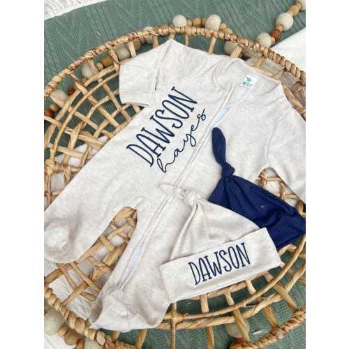 personalized newborn outfit for baby boy, custom oatmeal and navy take home baby footie