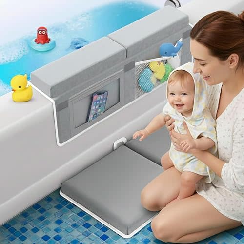 UR Choice Bath Kneeler and Elbow Rest Pad Set, Kneeling Pad for Bathing Baby, Non Slip Foldable Kneeling Mat for Toddler, Bathtub Cushion Foam Kneeler Mat with Toy Organizer Pocket - Grey