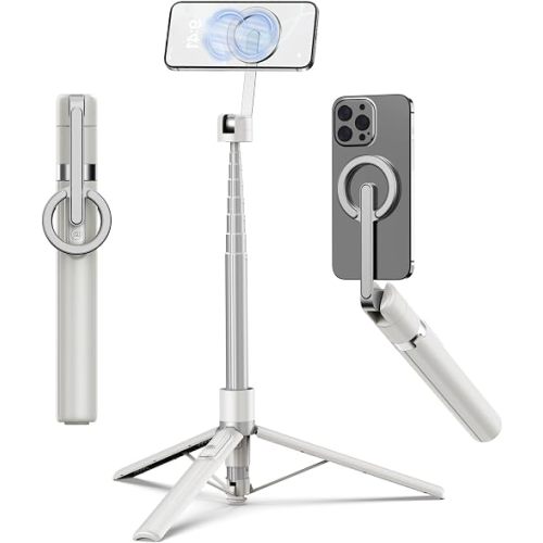TONEOF 68" Magnetic Selfie Stick Tripod with Aluminum Strong Magnetic Holder for Magsafe, 360° Rotatable Travel Phone Tripod Stand with Metal Ring & Rechargeable Remote for iPhone/Android(Beige Gray)