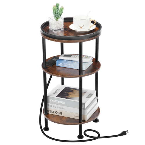 Small Round Side Table with Charging Station for Small Spaces, 3-Tier Round Accent Table with USB Ports & Power Outlets, Round Corner Table Tea Sofa Side Table for Living Room Bedroom (Rustic Brown)